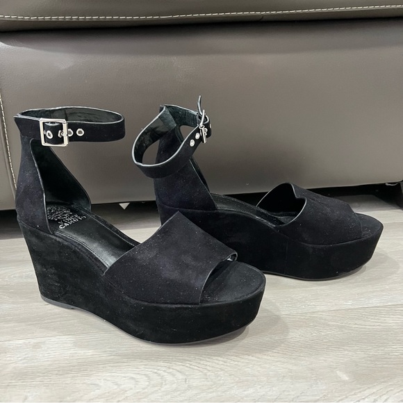 Vince Camuto Black Suede Heels Wedges Open Toe Ankle Strap 8.5 - Picture 2 of 10
